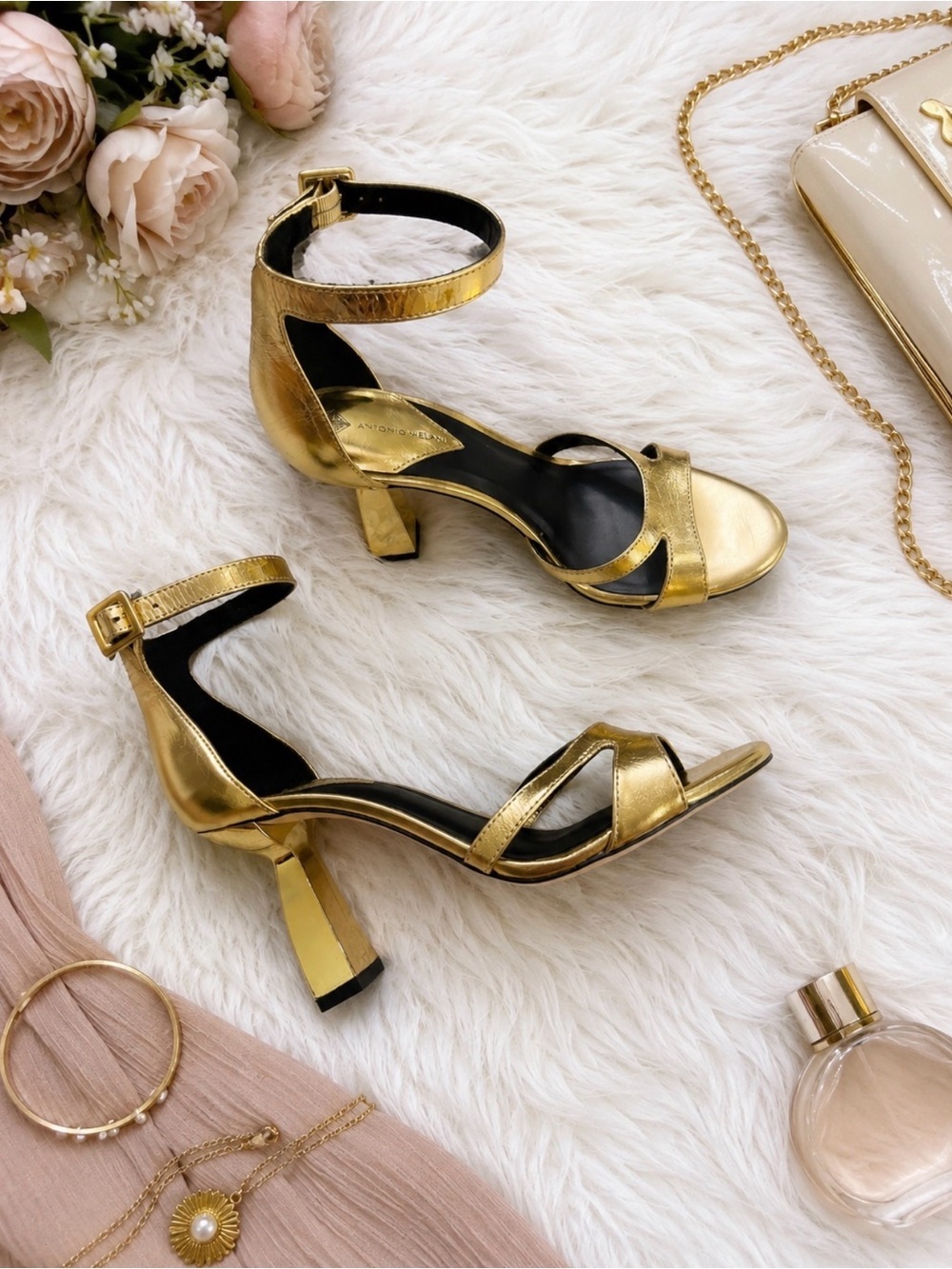Antonio Melani Calla Leather Double Banded Dress Sandals in Cracked Foil